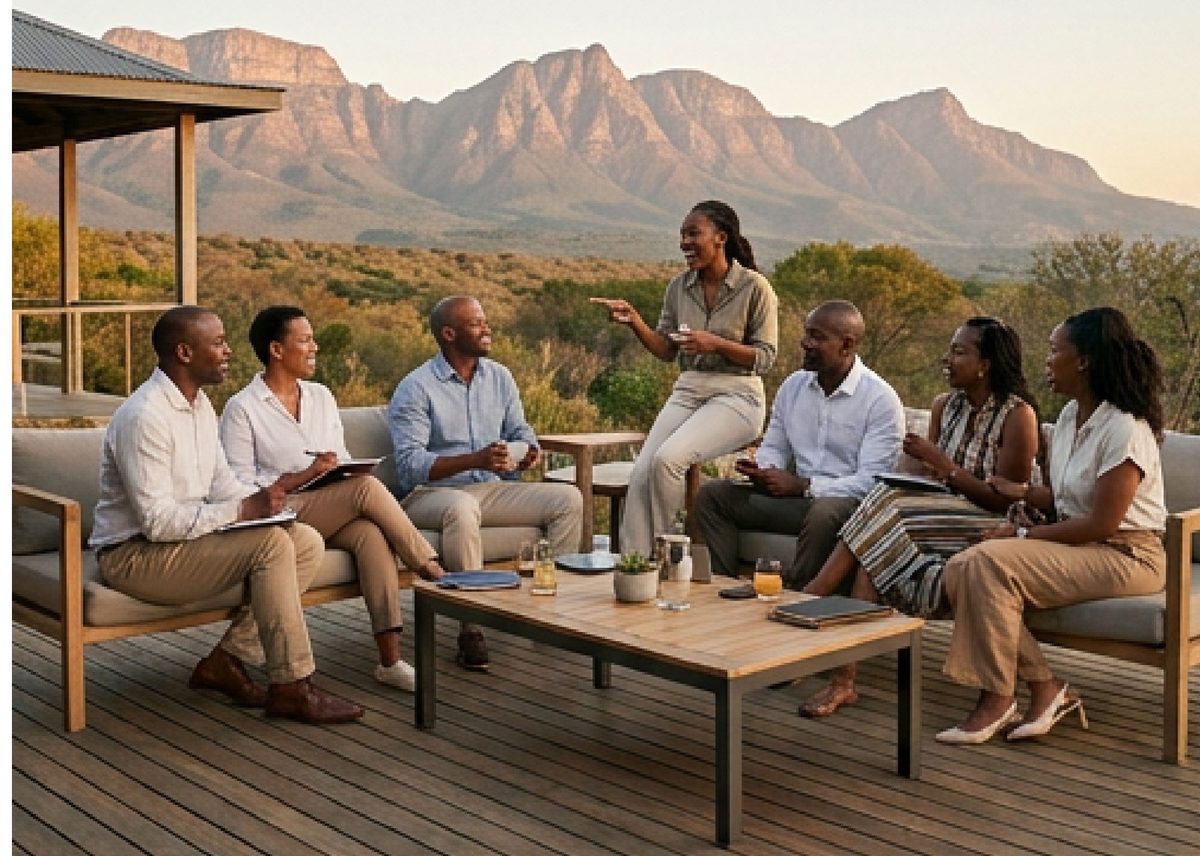 Colleagues gathered outdoors during a corporate team retreat in Southern Africa